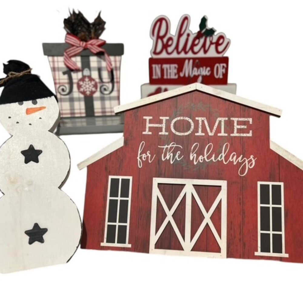 Christmas Home Decor-4 Piece Set-Barn, Snowman, Sign, Present-Hang or set